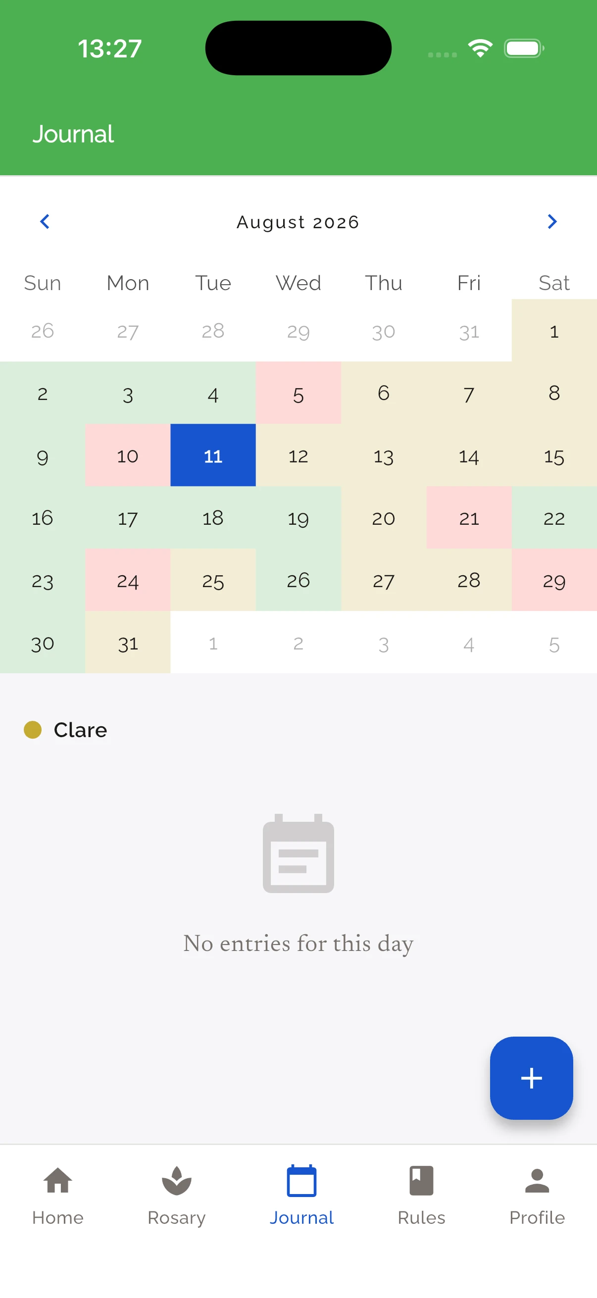 Liturgical calendar with colors and celebrations