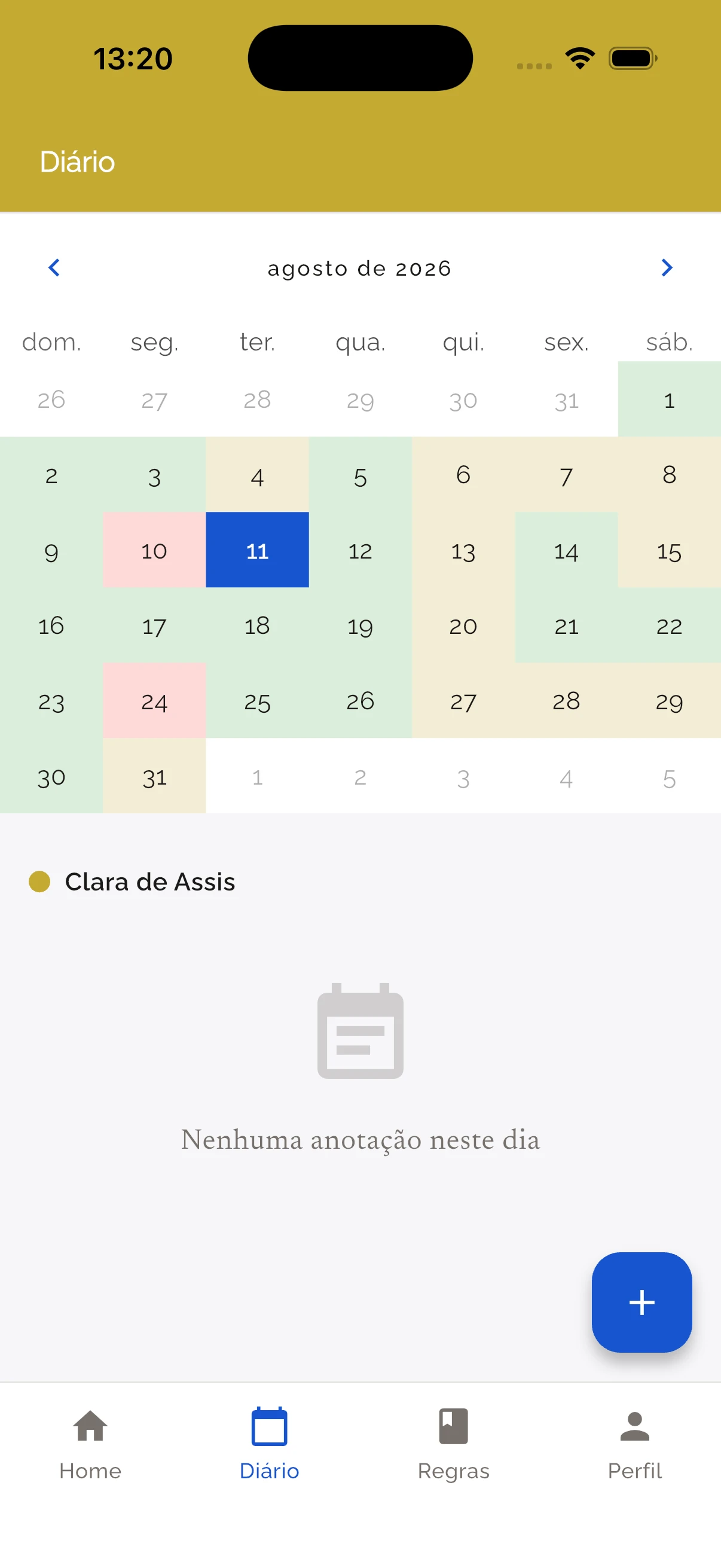 Calendário litúrgico com cores e celebrações