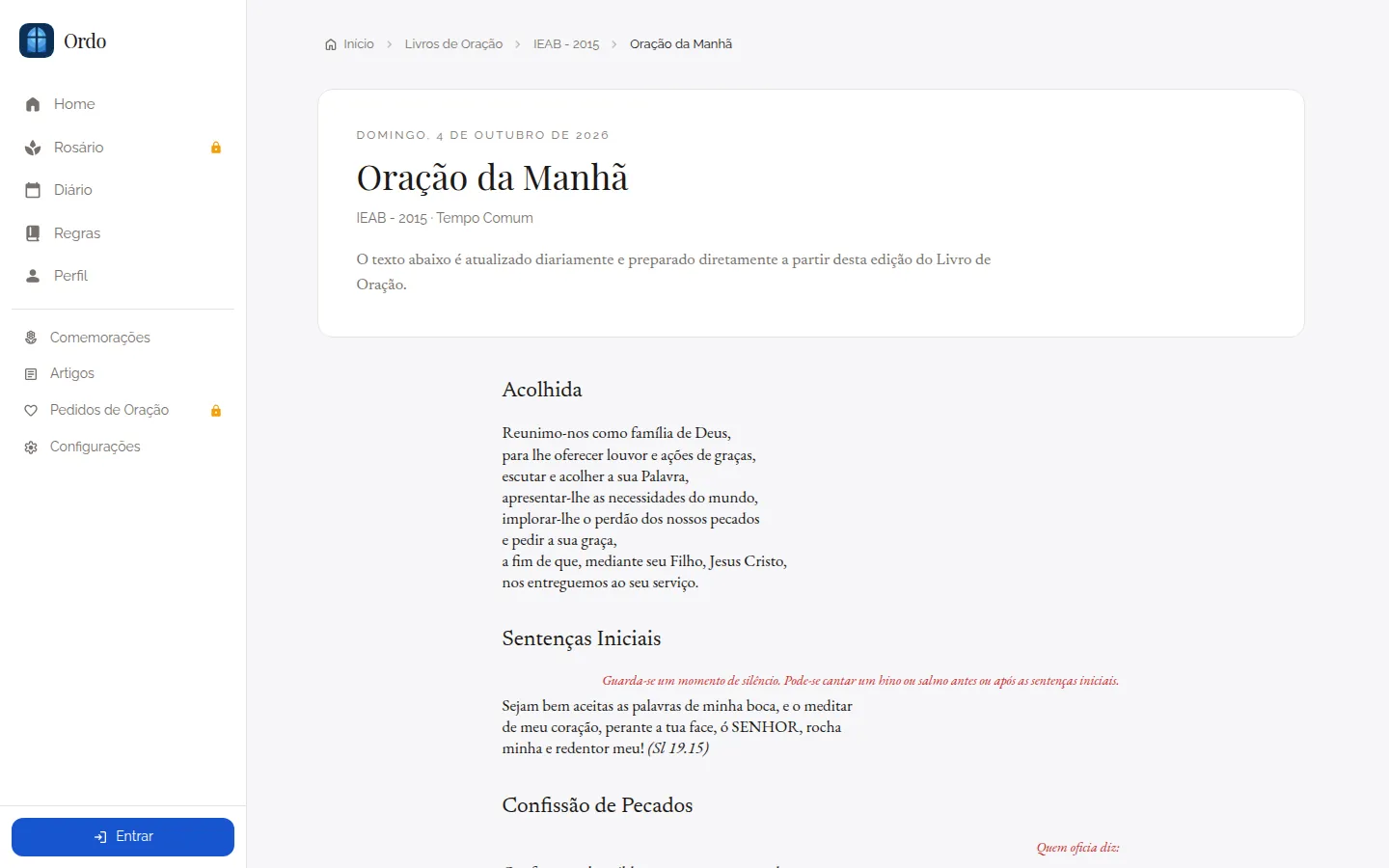 Oração da Manhã aberta na edição web do Ordo