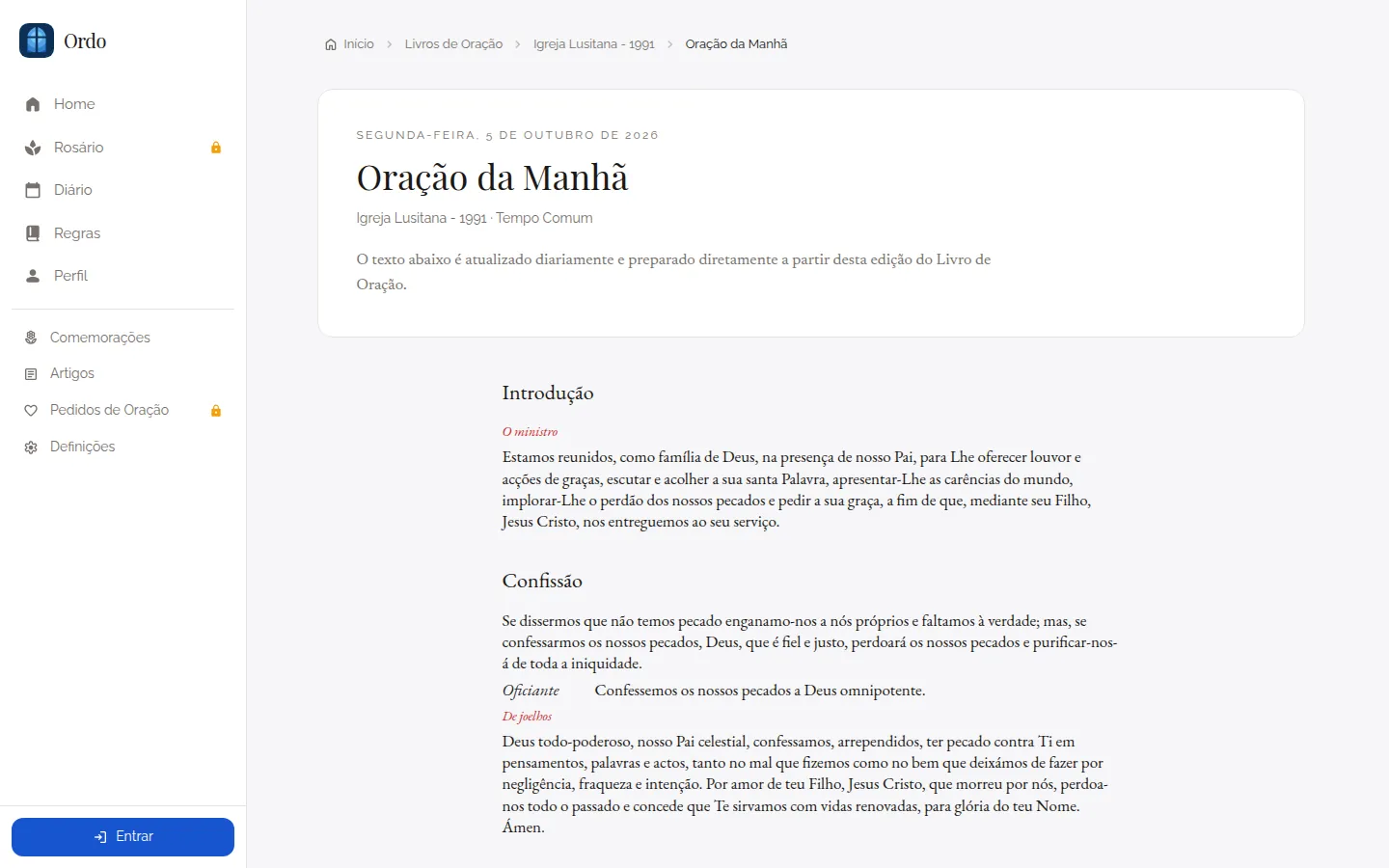 Oração da Manhã aberta na edição web do Ordo